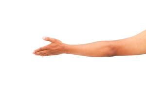 Outstretched hand isolated on white, offering a handshake, ready to connect photo