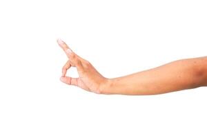Hand gesture showcasing index finger pointing upward, isolated on a white backdrop, capturing the concept of direction or guidance photo