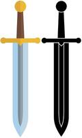 Medieval style sword flat design element, old adventure weapon in colour and silhouette vector