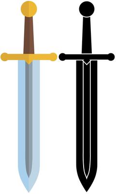 Medieval style sword flat design element, old adventure weapon in colour and silhouette