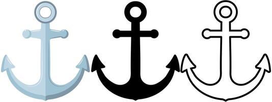 Anchor flat design in colour, silhouette and outline versions, maritime graphic element vector