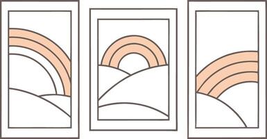 Three hand drawn frames with pastel rainbows and hills vector