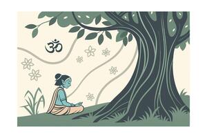 Serene Yoga Meditation Underneath Ancient Tree Om Symbol vector