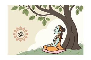 Peaceful Krishna Meditating Underneath a Banyan Tree Om Symbol vector