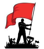 protesting man silhouette with red flag and crowd vector
