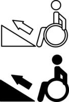 Ramp Icons. Black and White Illustrations. Disabled Person in Wheelchair Trying to Climb Ramp. Accessibility, Medicine. Disability Concept vector