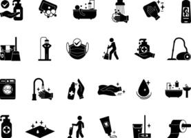 Black Hygiene Icon Set. Illustrations Cleanliness, Disinfection, Cleaning, Soap, Sweeping, Mop, Bathing, Vacuum Cleaner, Sanitation, Hand Washing, Toilet Paper, Antiseptic, and Others vector