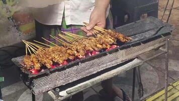 Juicy chicken satay skewers are grilled over hot embers, creating a flavorful street food delight. Experience an authentic Southeast Asian meal being prepared. video