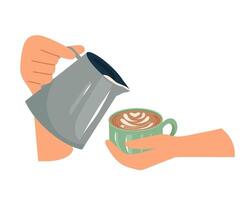Hands making latte art Milk is poured from pitcher into cappuccino with foam drawing in cup. Cozy coffee moment. Perfect for card, banner, poster, print or design element. illustration isolated vector