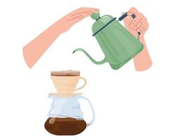 Hands pouring hot water from gooseneck kettle into coffee dripper Making pour over filter coffee rich aromatic espresso. Design element for cafe design, menu, banner, poster, print illustration vector