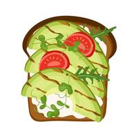 illustration of healthy toast with grilled avocado slices, tomatoes, arugula and cream cheese Nutritious vegan breakfast or snack. Perfect for card, banner, poster, print or food design element vector