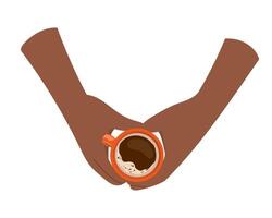 Hands making heart shape over cup of coffee. Gesture of love for cozy morning ritual and warm drink. Design element for cafe menu, banner, coffee poster, print. Hands with espresso illustration vector