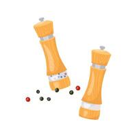 Pepper and salt in wooden hand mills. illustration of salt shaker and black pepper grinder. Design element of bottles filled with condiments or seasonings isolated on white background vector