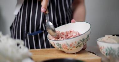 Handheld selective focus shot, Young woman is mixing minced pork with various seasonings in a bowl. video