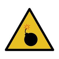 Explosive Hazard Warning Sign Icon Illustration. A triangular warning sign featuring a black silhouette of a classic round bomb with a lit fuse and an explosion symbol. vector