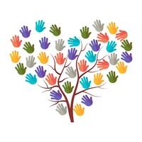 Heart Shaped Tree of Helping Hands Illustration. A tree with bare brown branches forming the shape of a heart. Instead of leaves, colorful handprints of various hues. vector