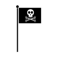 Pirate Skull and Crossbones Flag Illustration. Pirate flag featuring a white skull above two crossed bones. The flag is mounted on a vertical black flagpole. vector
