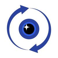 Eye Rotation Symbol. Abstract Vision and Motion Concept Illustration. A stylized black eye with a white sparkle at its center, surrounded by concentric blue rings. vector