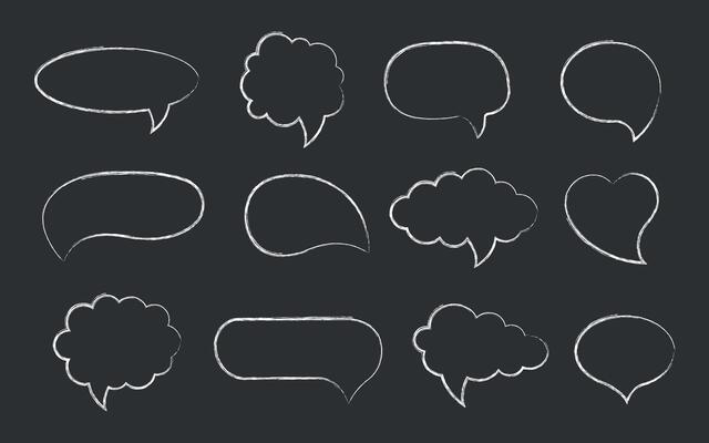 Speech bubbles. Set of crayon, chalk, pencil doodle talk speech bubble frame. Comic speech bubbles for dialog, talk, and chat.