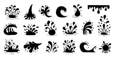 Water splashes and drops. Splash silhouette with droplets. Set of splashes and drops for water, milk, yogurt, cream, ink, sauce, river. vector