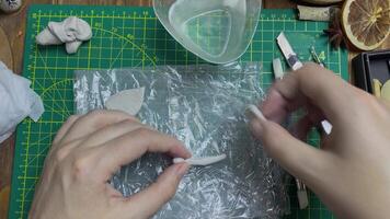 Person's hands sculpts butterfly wings from clay on food wrap. Cup of water and tools for modeling and design of ceramic souvenirs on wooden table. Hobby, handmade and crafts. video