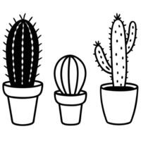 Simple black and white line art illustration of various cactus plants in pots vector