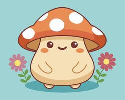 Adorable cartoon mushroom character smiling with flowers in cute kawaii style vector