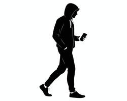 Silhouette of a person walking while looking at a mobile phone screen vector
