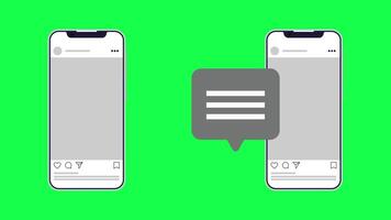 4K animation of two smartphones showing social media pages with a chat bubble moving between them. Green screen background for easy editing and communication concept. video