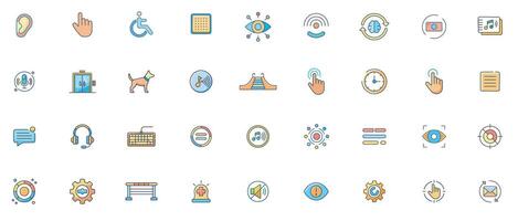 Accessibility flat color Icon Set Minimal Outline Icons of Inclusive Design, Assistive Devices, and Universal Access Features vector