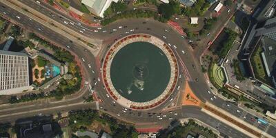 An aerial view of a roundabout in the middle of a city video
