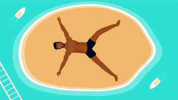 Animated man relaxing inside float ring in blue summer pool video