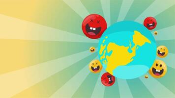 Emojis with different expressions surround the globe in cheerful animation video
