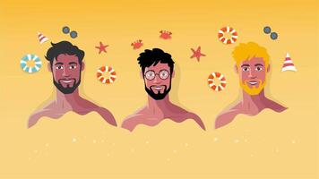 Animation of shirtless men relaxing half-buried in sand with summer elements video