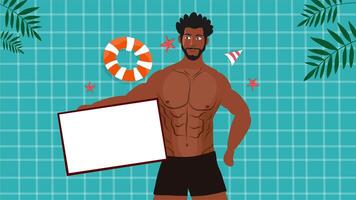 Animated black shirtless man holding board near tiled pool with palm elements video