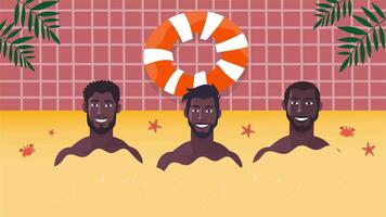 Animation of three black shirtless men relaxing in sand with float decoration video