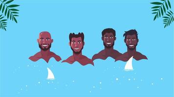 Animation of four shirtless men floating in tropical ocean with smiling faces video