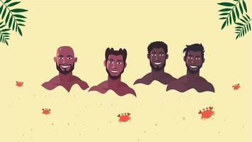 Animation of shirtless men half-buried in warm sand with crab elements around video