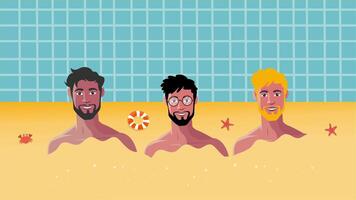 Animated group of shirtless men relaxing in pool during sunny summer day video