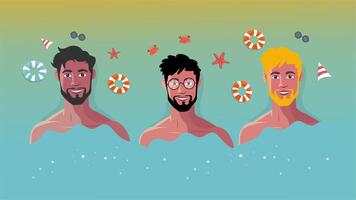 Animation of three shirtless men relaxing in tropical sea with decorations video
