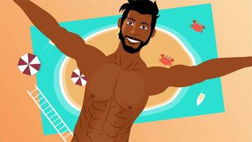 Animation of shirtless man relaxing on mat with beach elements around him video
