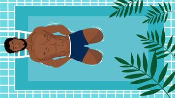 Animation of shirtless man relaxing in tiled blue pool with palm leaves above video