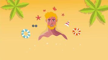Animation of blond shirtless man submerged in sand and surrounded by decor video