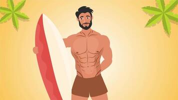 Animated surfer man holding red surfboard standing on golden beach video