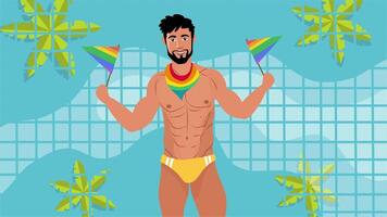 Animation of gay man in speedo with rainbow flags at tropical pool video