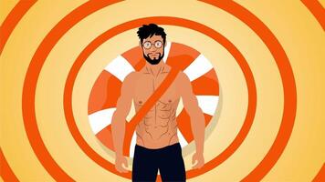 Animation of shirtless lifeguard posing confidently in orange spiral background video
