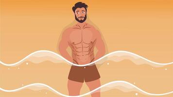 Animation of shirtless man smiling with hands on waist at beach video