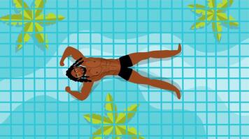 Animation of shirtless man floating in calm pool with summer vibe video