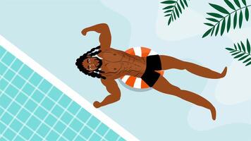 Animation of shirtless man with dreadlocks floating horizontally in pool video