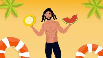 Animation of shirtless man with watermelon and orange slice smiling on beach video